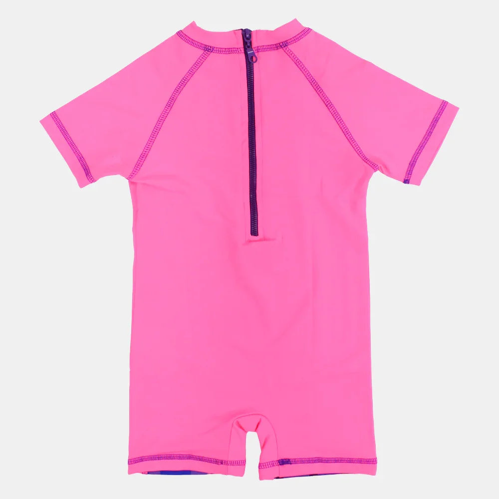Girls Overall Swimsuit – Fuchsia with Swan Print
