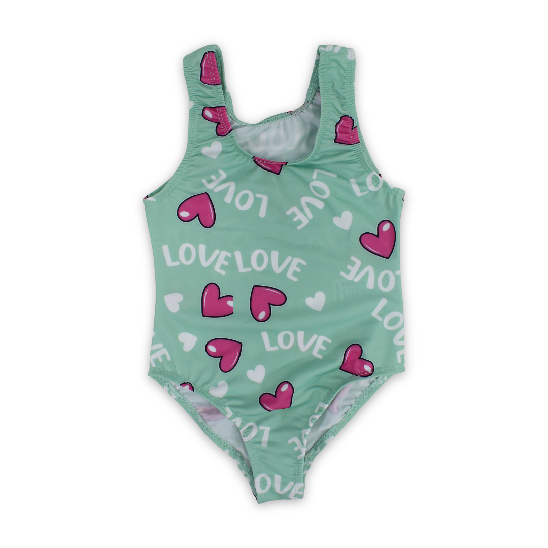 Girls One-Piece Swimsuit – Mint with "Love" Print - Clothing - I.Wear
