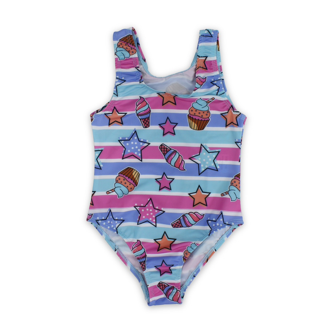 Girls One-Piece Swimsuit – Multicolor with Ice Cream & Stars Print - Clothing - I.Wear