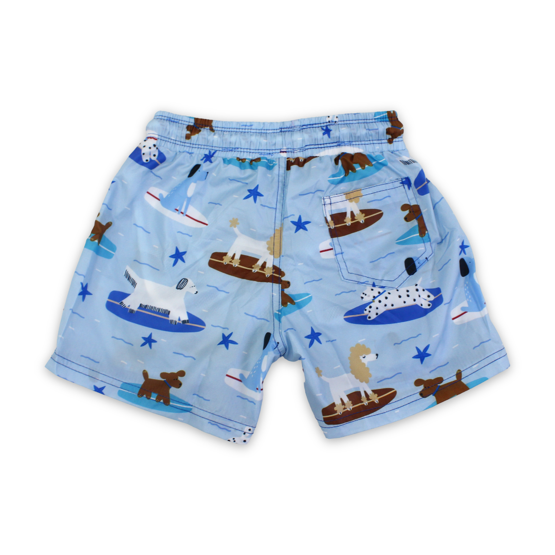 Boys Swim Trunks – Baby Blue with Dogs Print