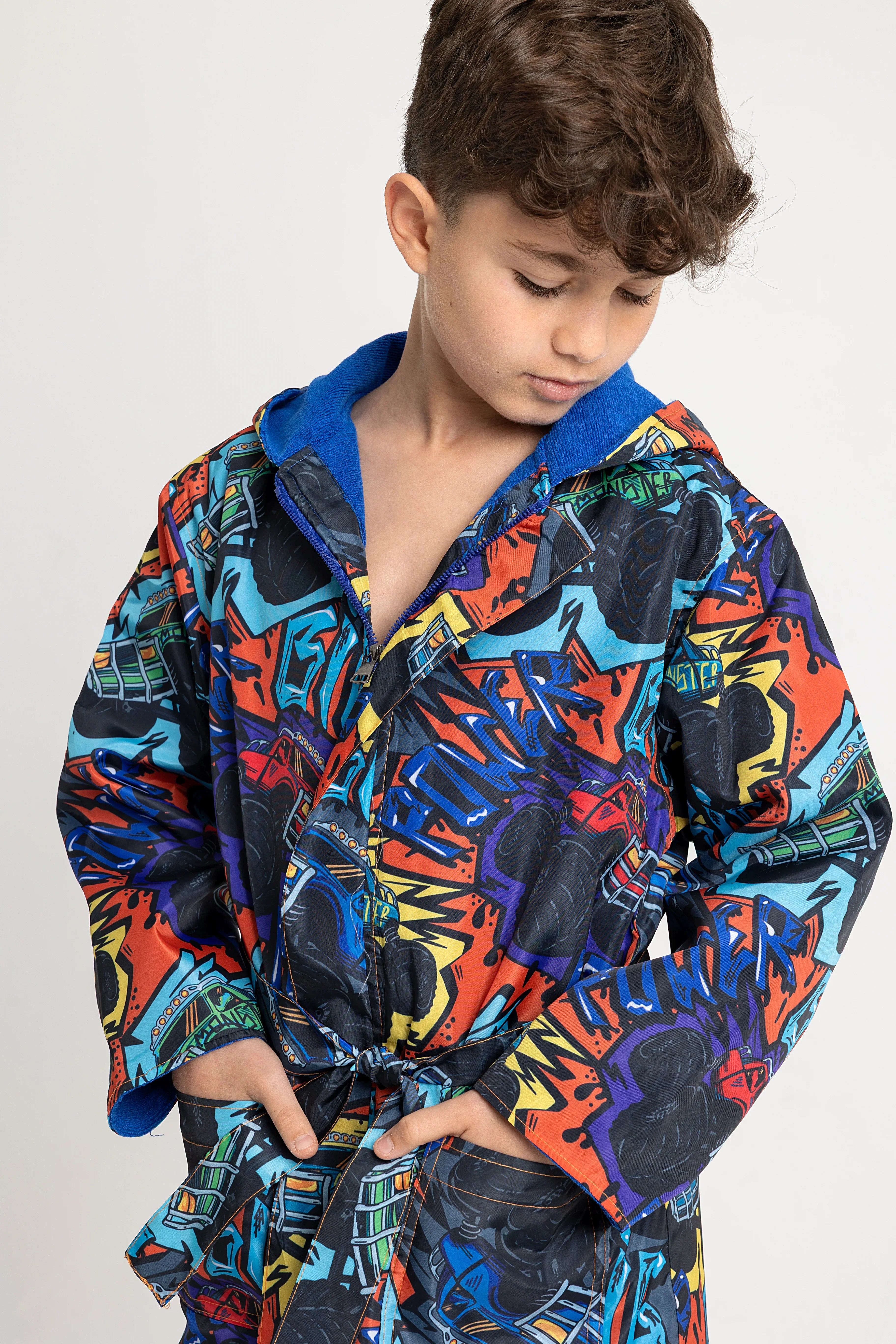 Boys Waterproof Swim Robe – "Monster Truck" Design