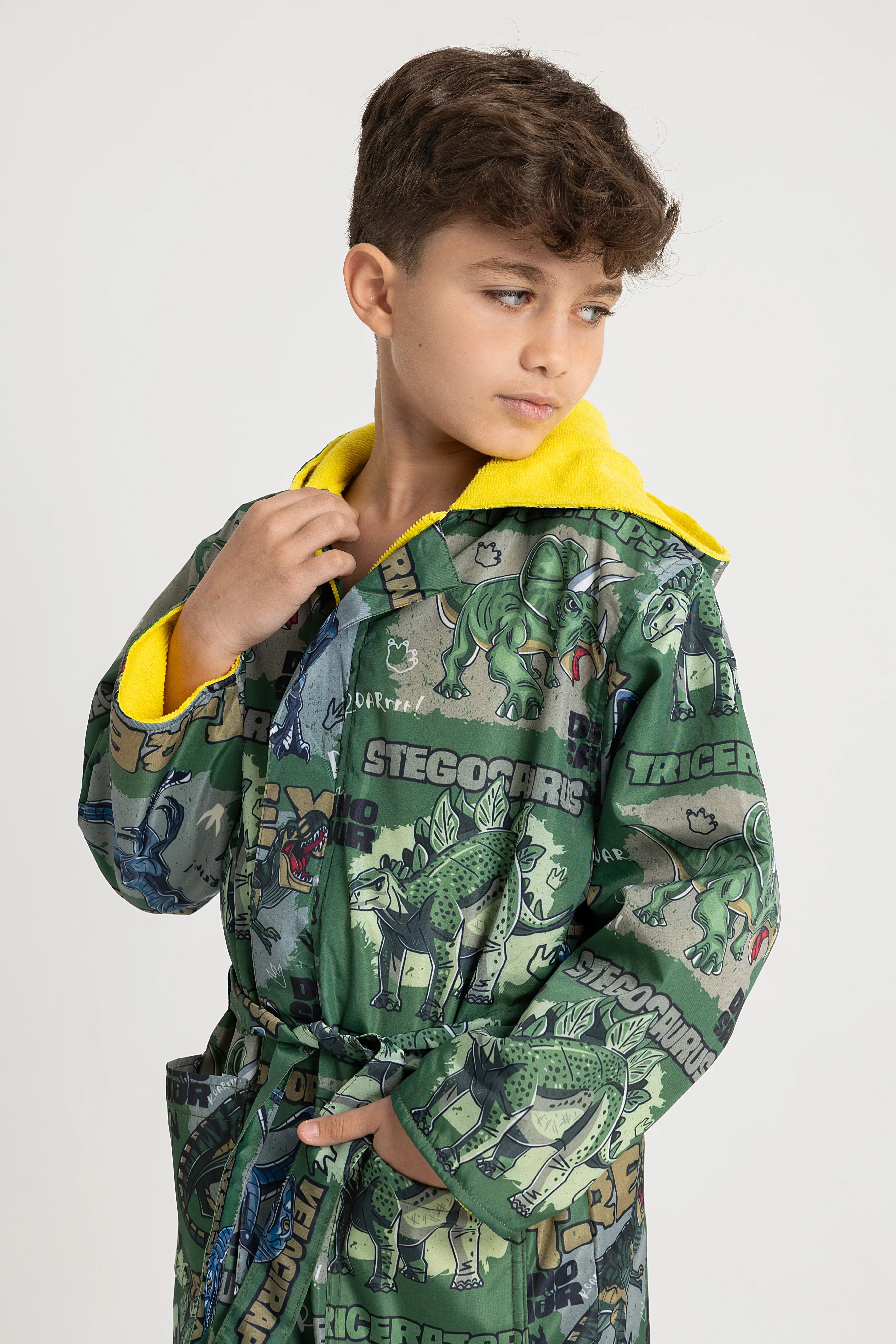 Boys Waterproof Swim Robe – Green T-Rex Dinosaur Design