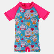 BABY Girls Swimsuit Overall Fuchsia Cat & Flower Design