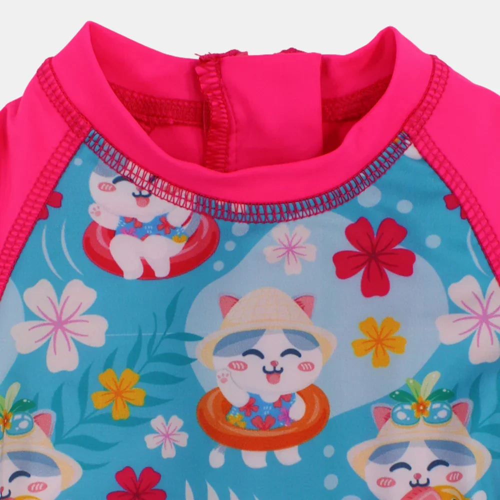 BABY Girls Swimsuit Overall Fuchsia Cat & Flower Design