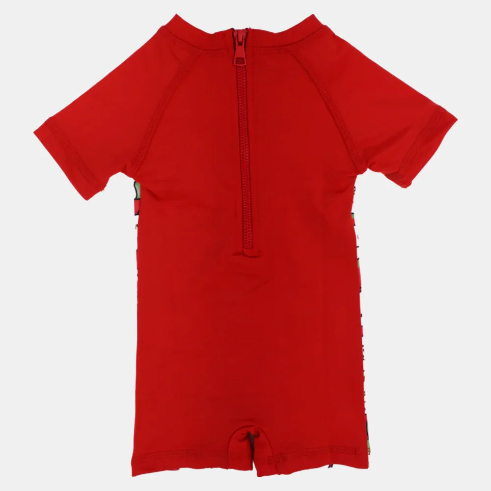 Baby Girls Swimsuit Overall, Polyester – Red with Chick and Watermelon Design