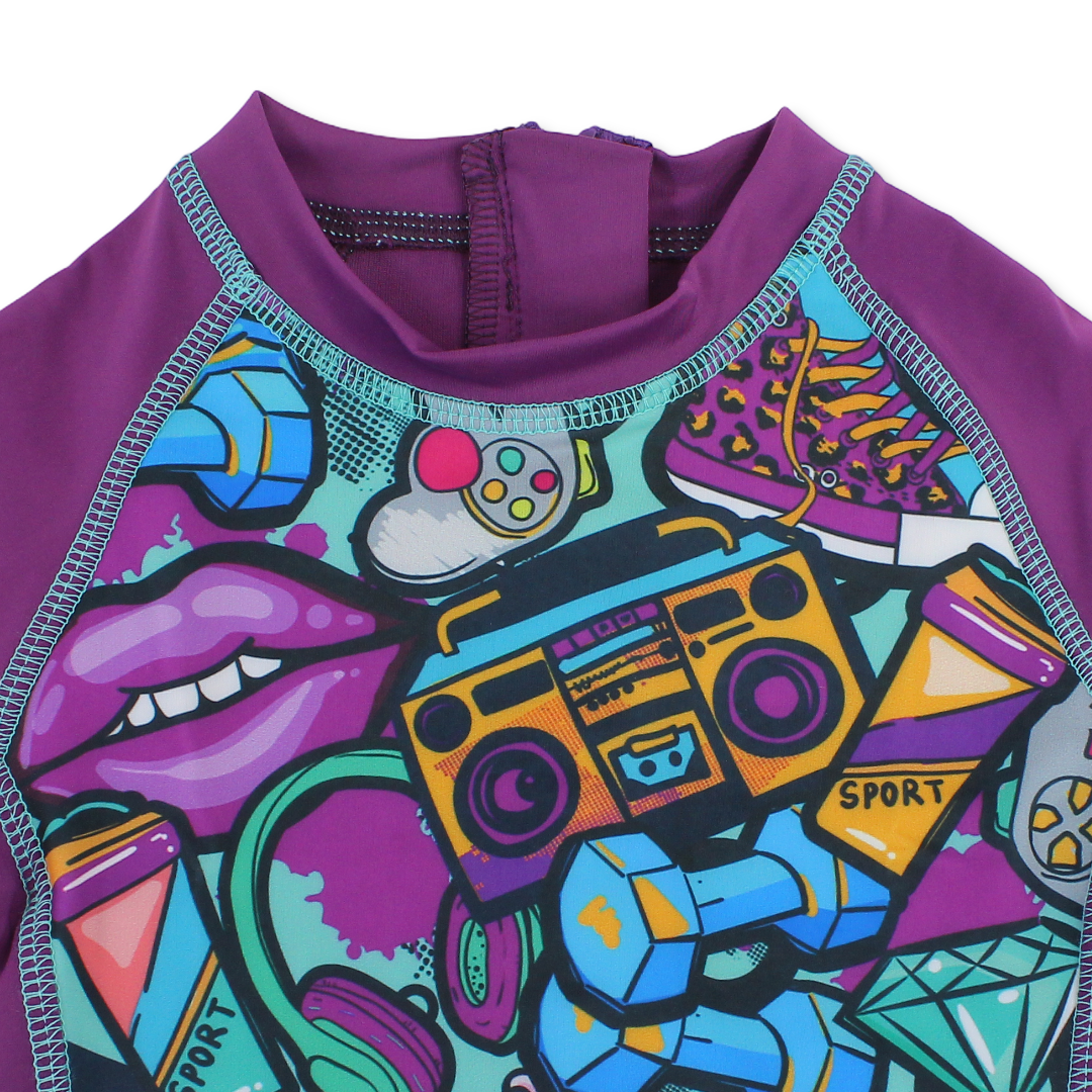 Girls Swimsuit Overall – Purple with Pop Art & Doodle Print
