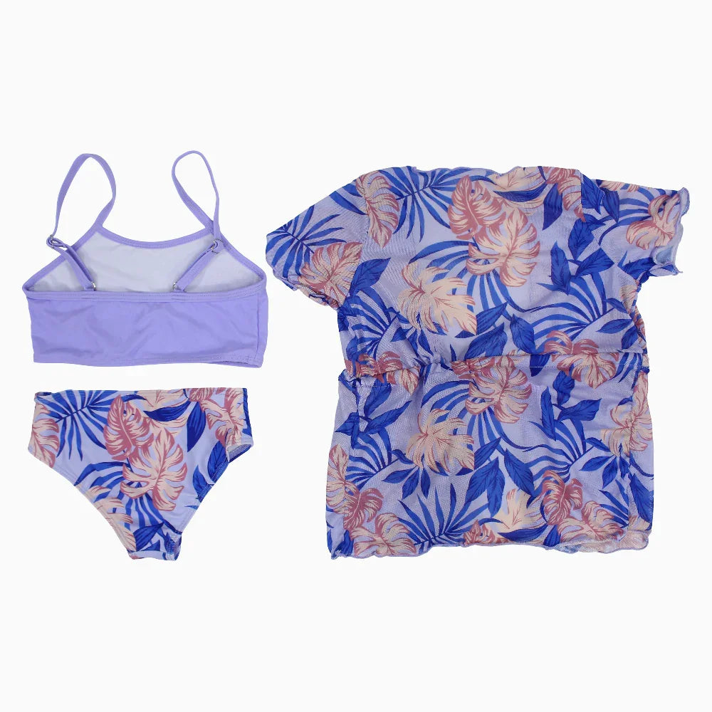 Girls 3-Piece Swimsuit – Purple with Floral Print
