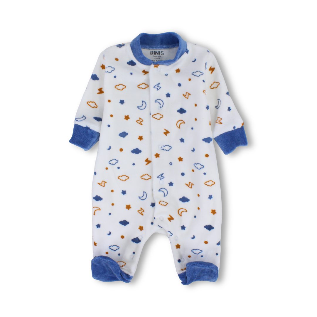 Baby Boys Velvet Baby Footie – Off-White with Crescent Moons, Stars, Clouds Print