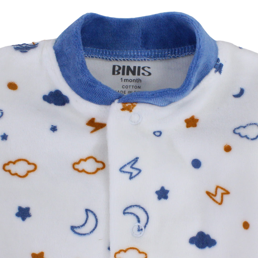 Baby Boys Velvet Baby Footie – Off-White with Crescent Moons, Stars, Clouds Print
