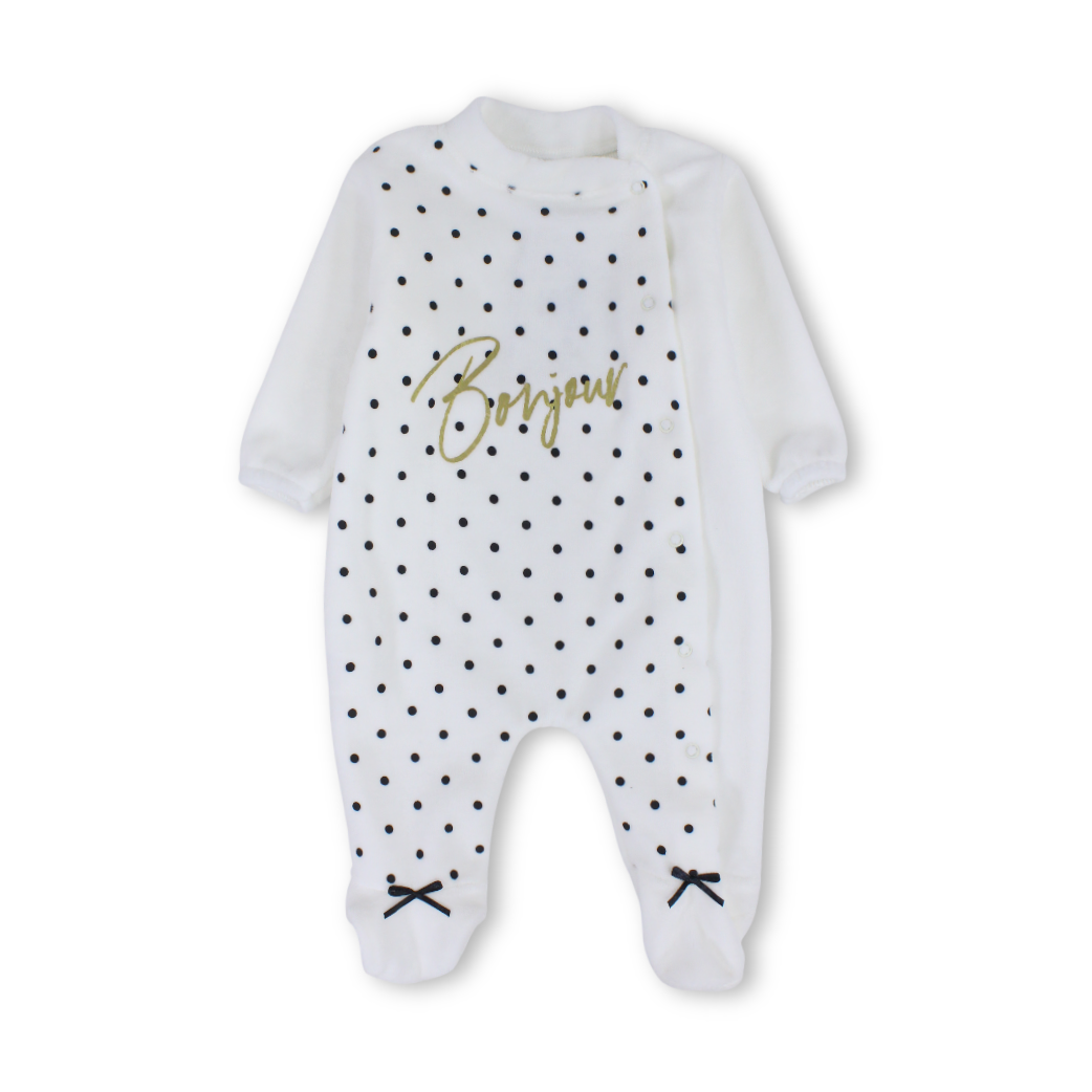 Baby Girls Velvet Baby Footie – White with "Bonjour" Polka-Dot Pattern