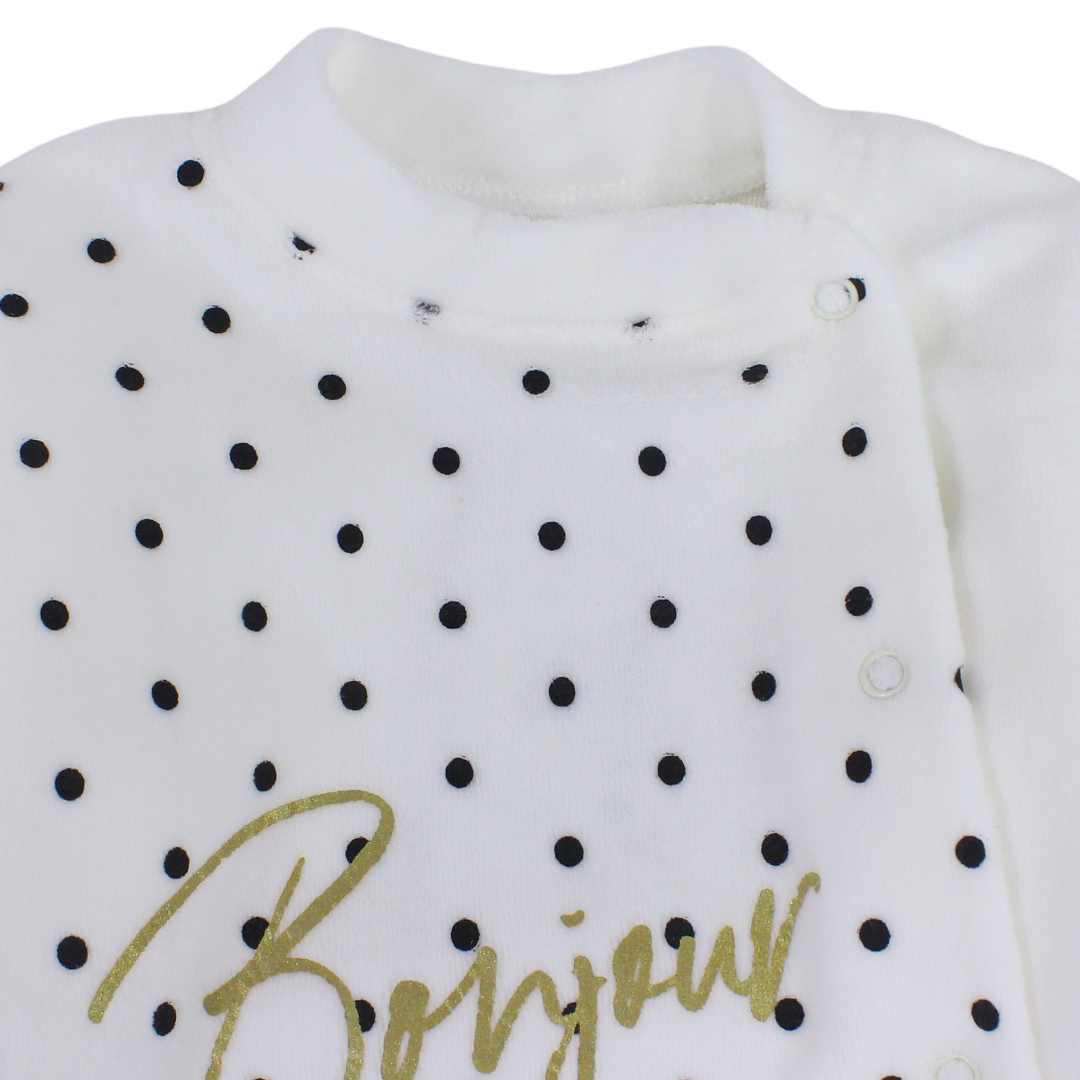 Baby Girls Velvet Baby Footie – White with "Bonjour" Polka-Dot Pattern