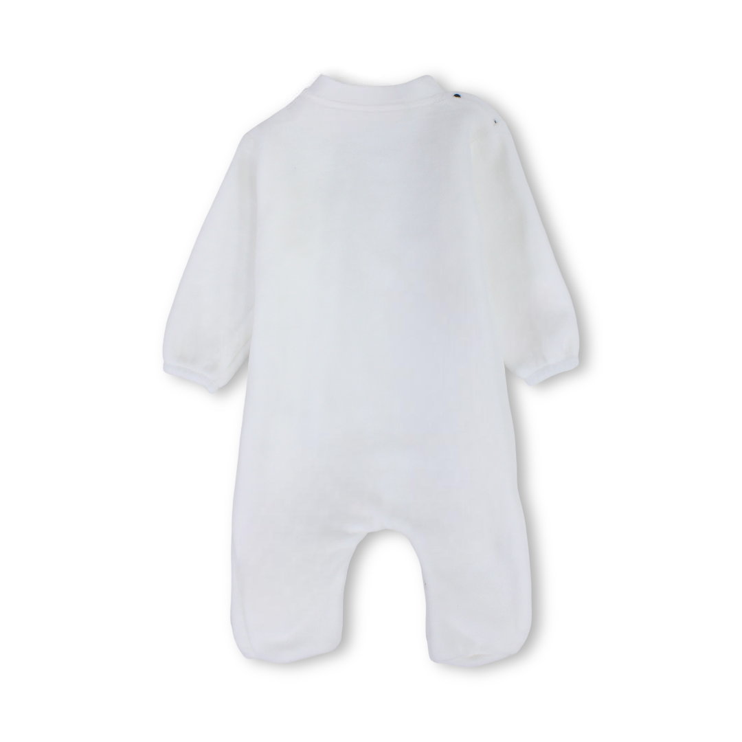 Baby Girls Velvet Baby Footie Onesie – White with Red Bow Design