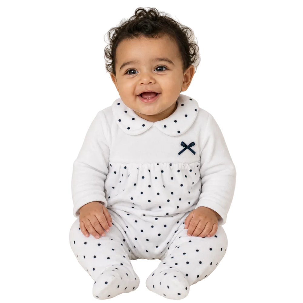 Baby Girls Velvet Baby Footie Onesie – White with Black Bow Design