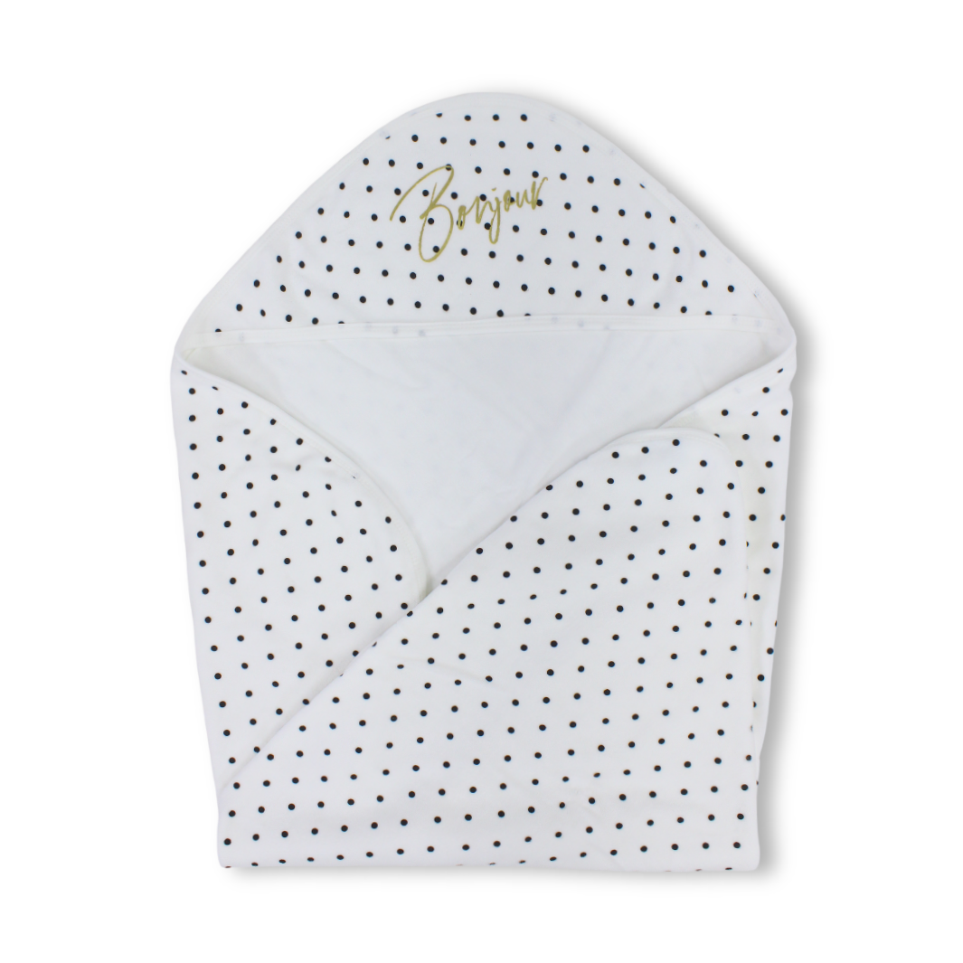 Cotton Baby Blanket – White with "Bonjour" Polka-Dot Pattern