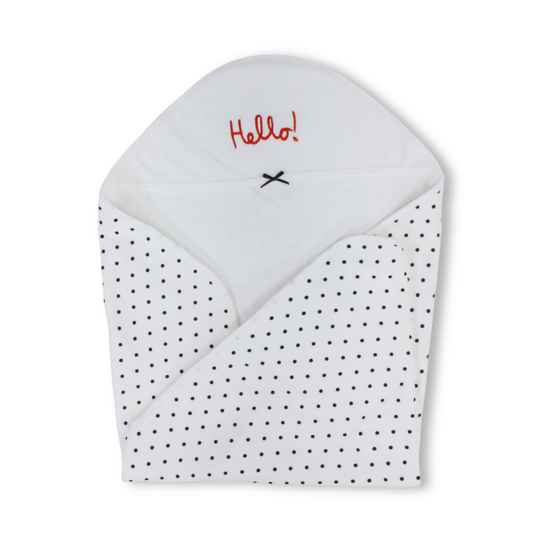 Cotton Baby Blanket – White with "Hello" Polka-Dot Pattern