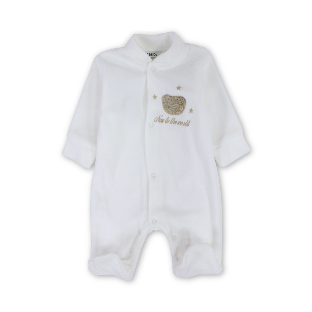 Unisex Baby Velvet Baby Footie – Off-White with "New to The World" Embroidery