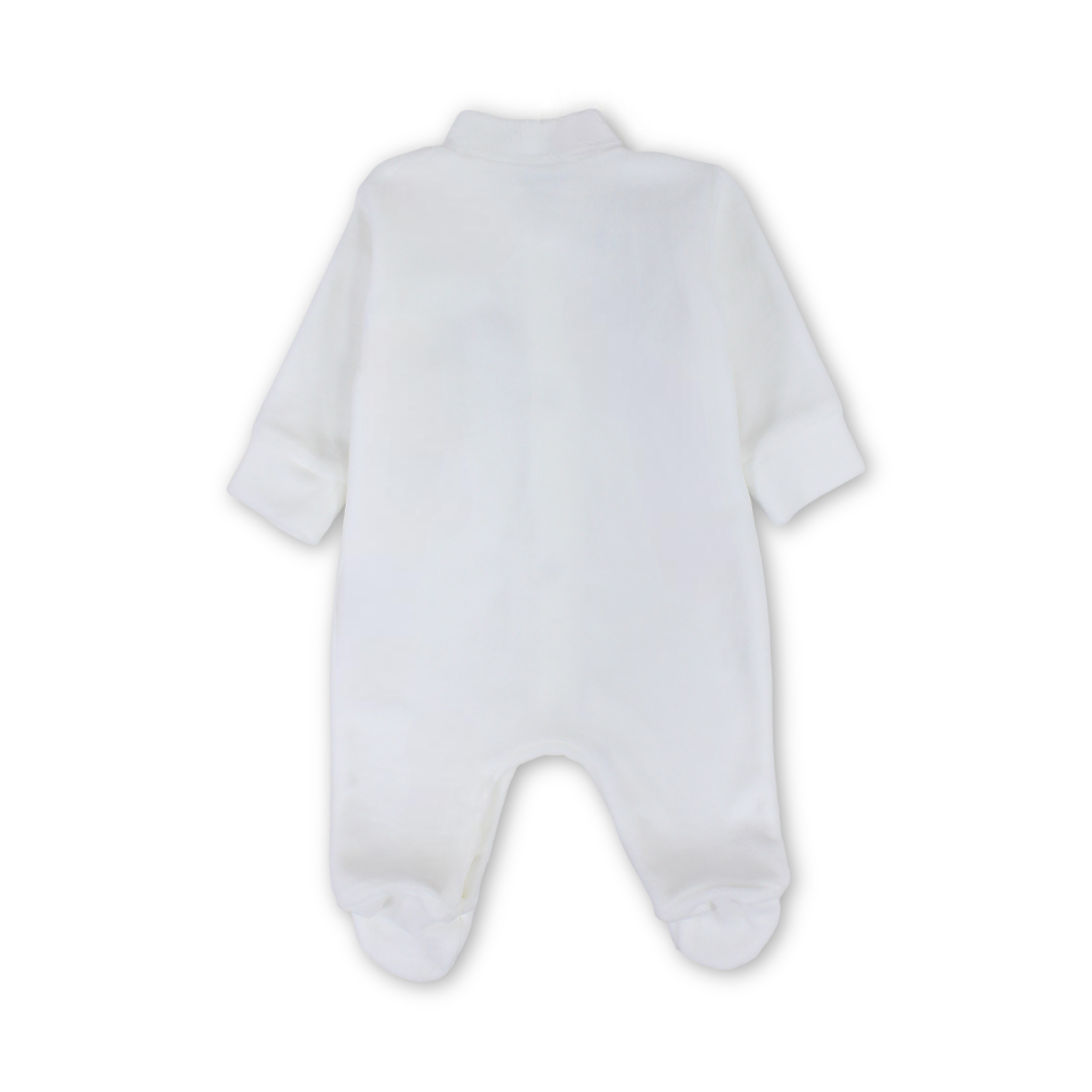 Unisex Baby Velvet Baby Footie – Off-White with "New to The World" Embroidery