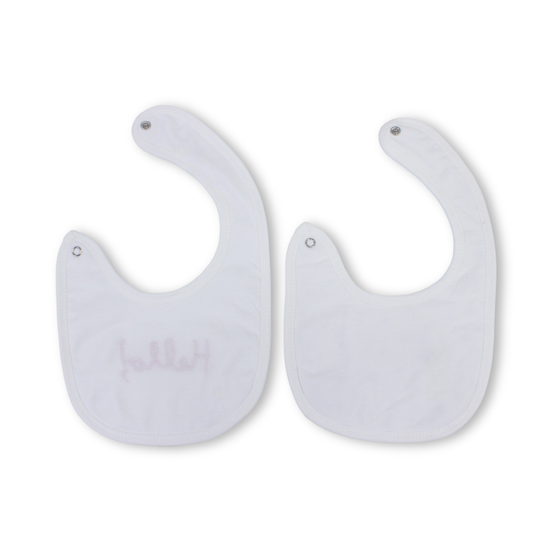 Velvet Cotton Baby Bib – White with "Hello" Polka-Dot Pattern