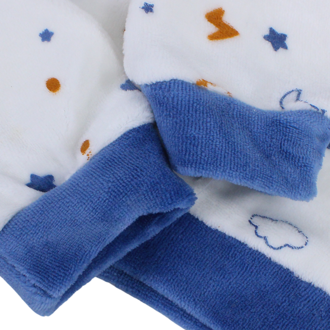 Baby Boys Velvet (Beanie & Hand Mittens) – White with Crescent Moons, Stars, Clouds Print
