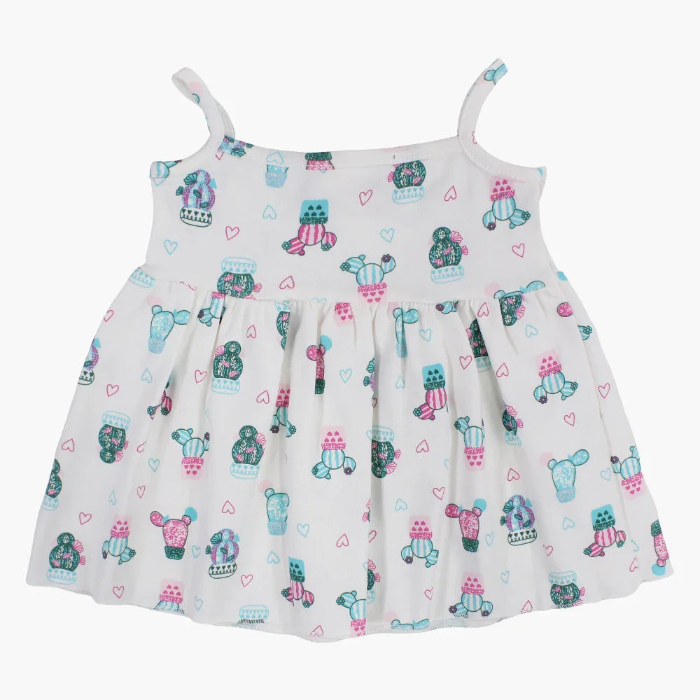 Baby Girls Cotton Dress – Off-White with Cactus Print
