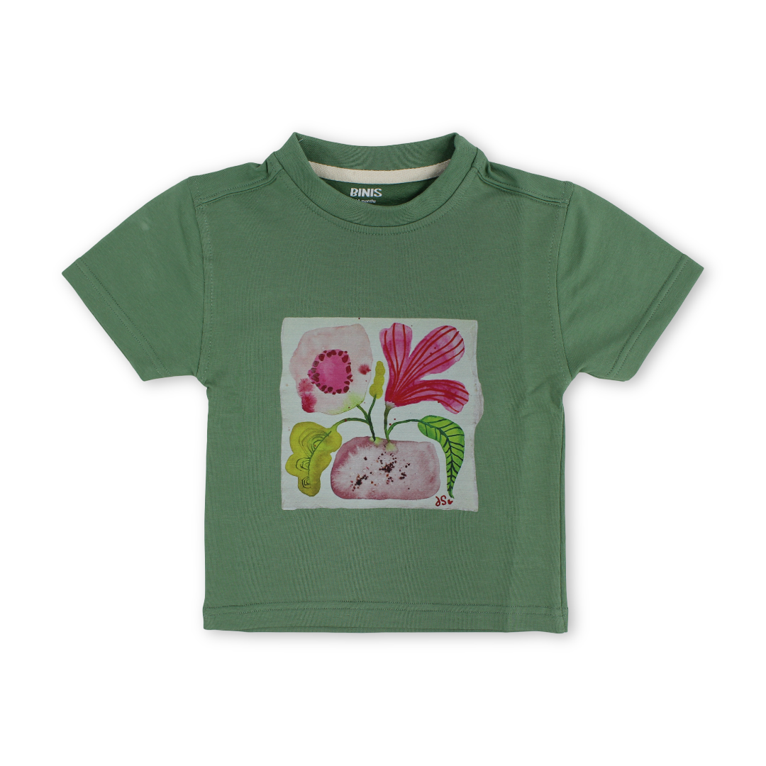 Baby Girls Cotton T-Shirt – Olive with Pot-Green Print - Clothing - Berceau