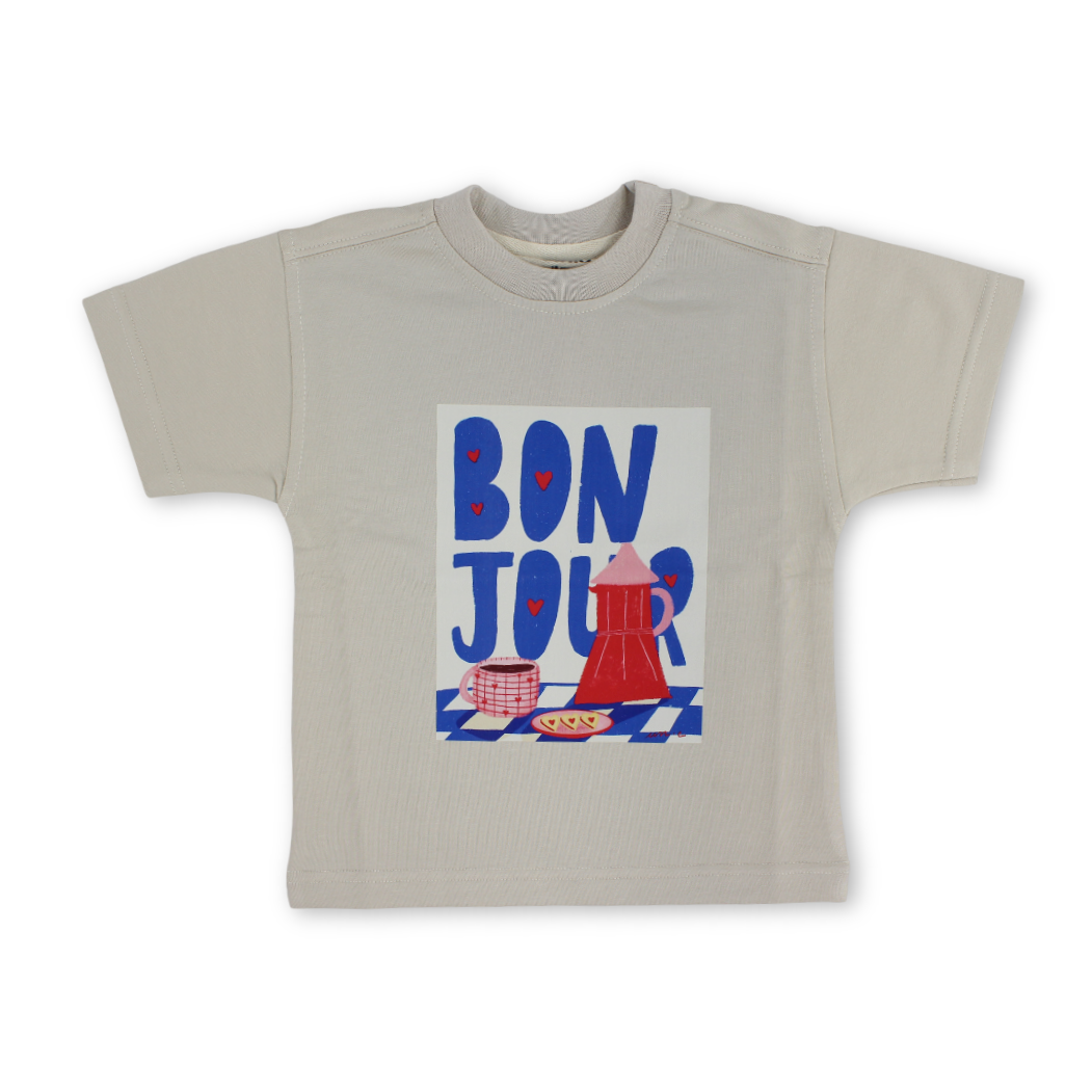 Unisex Baby Cotton T-Shirt – Beige with Bon Jour Print - Clothing - Berceau