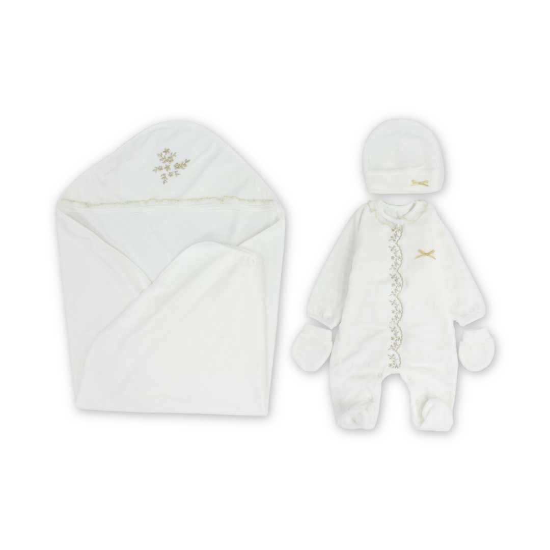Baby Girls Velvet Gift Clothes Box – Off-White with Gold Rose Embroidery