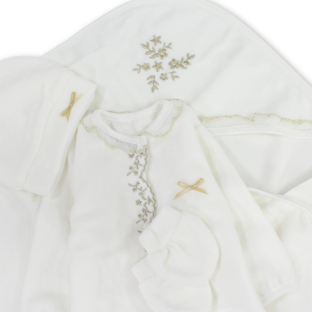 Baby Girls Velvet Gift Clothes Box – Off-White with Gold Rose Embroidery