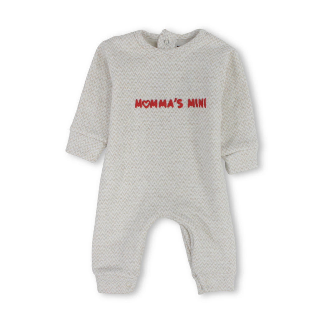Baby Boys Cotton Footless Onesie – Beige with "Mamas Mini" Red Design