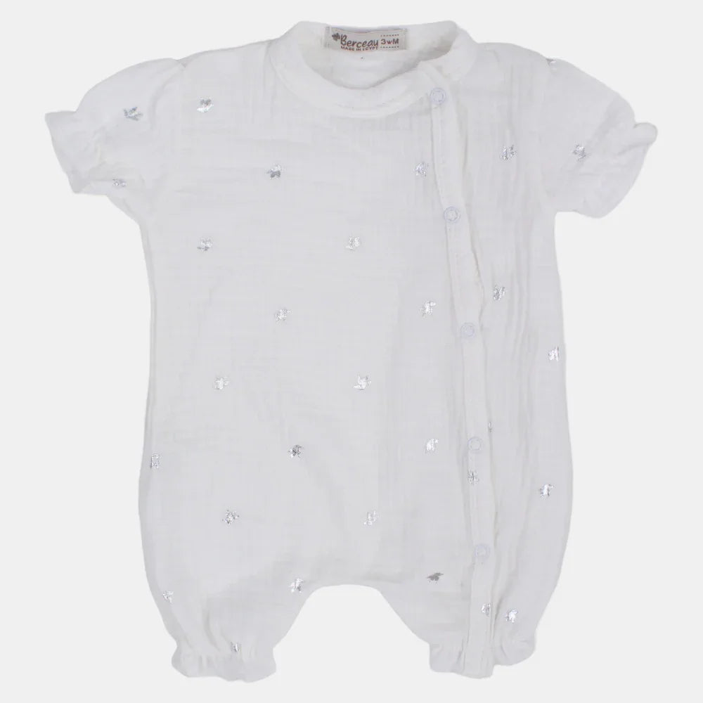 Baby Girls Linen Romper – Off-White with Little Birds Design