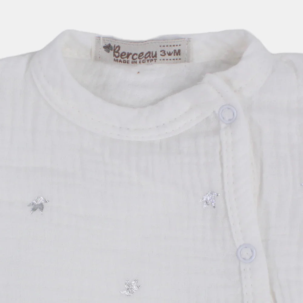 Baby Girls Linen Romper – Off-White with Little Birds Design