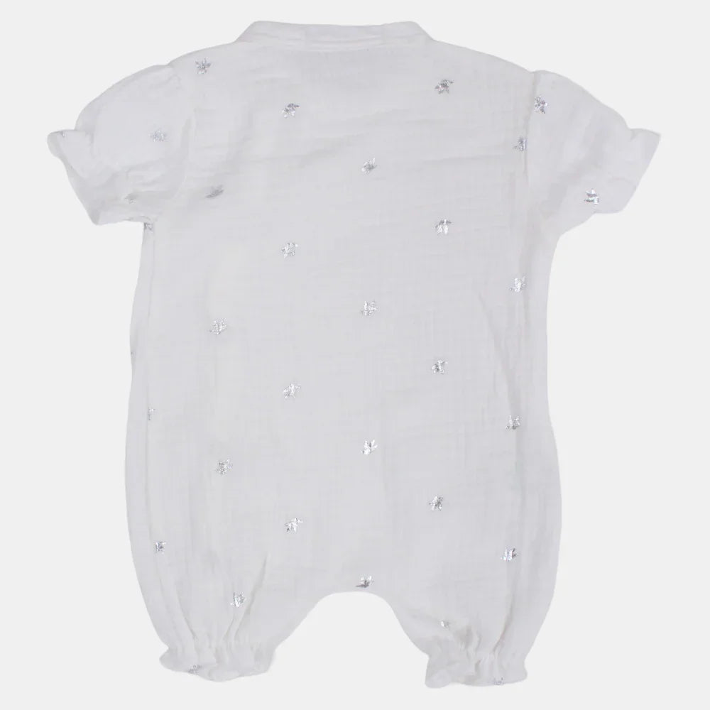 Baby Girls Linen Romper – Off-White with Little Birds Design