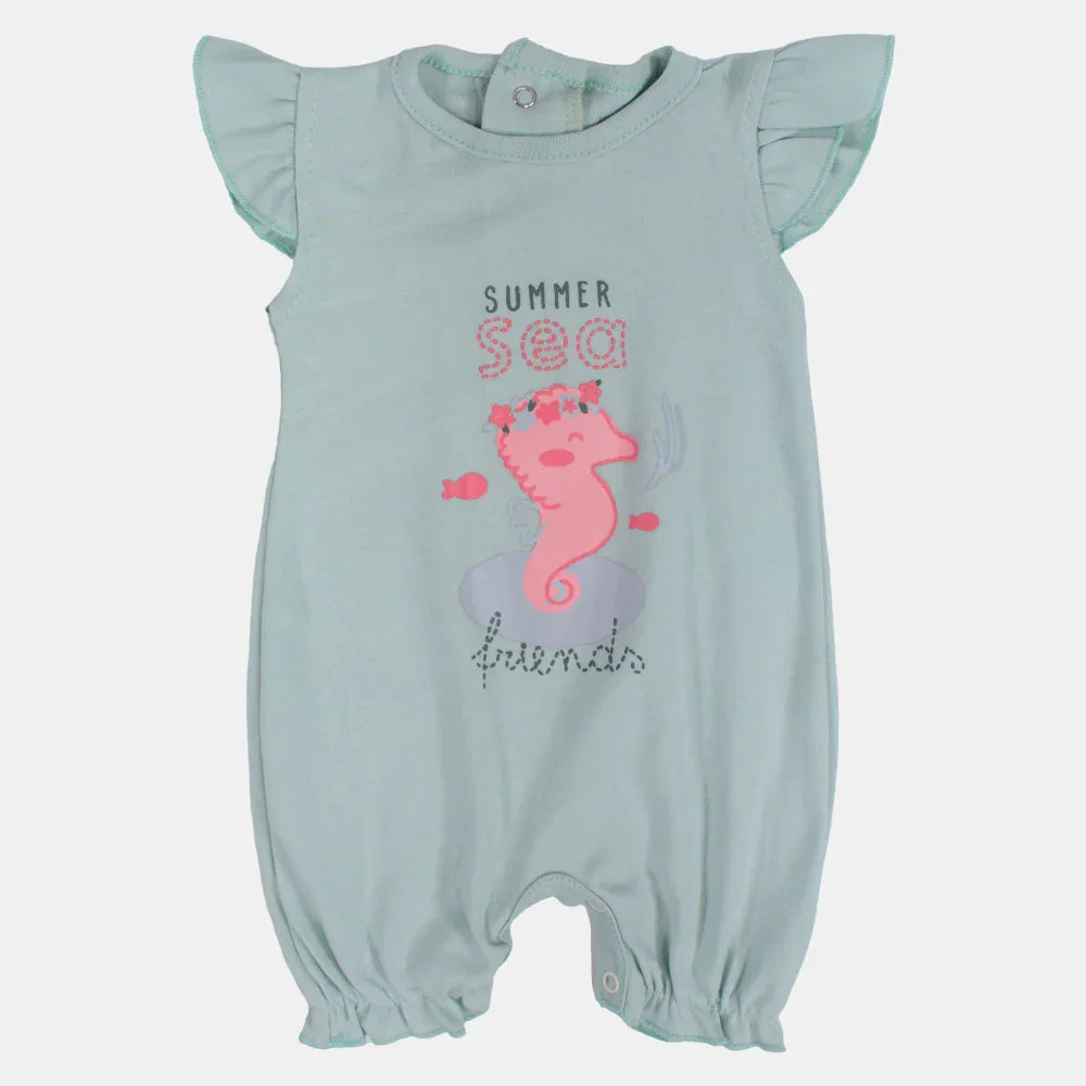 Baby Girls Cotton Romper – Mint with Summer Sea Friends Design