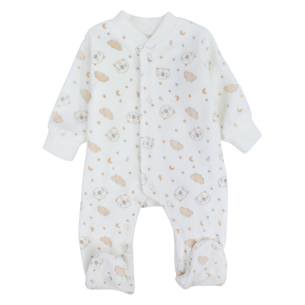 Unisex Baby Velvet Baby Footie – Off-White with Bears & Clouds Print