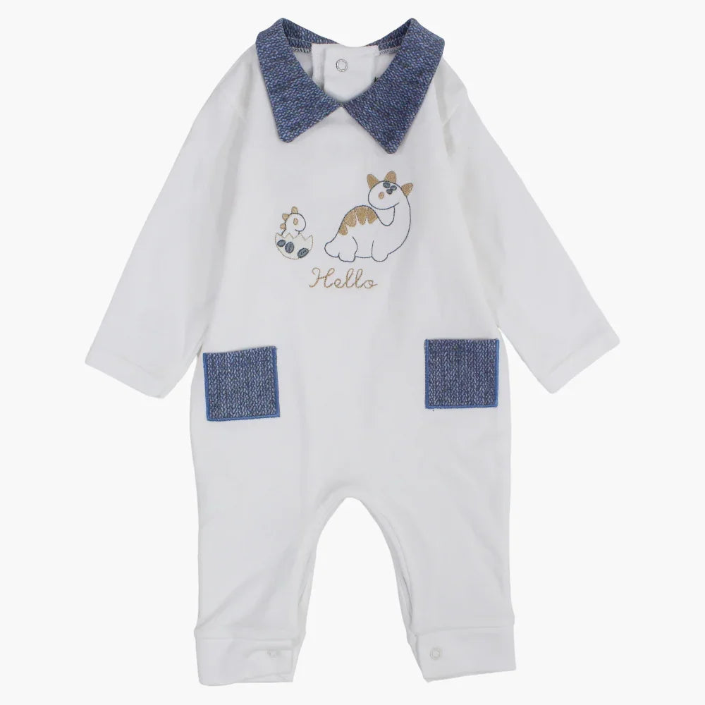 Cotton Footless Onesie – Off-White with Baby Dino Design
