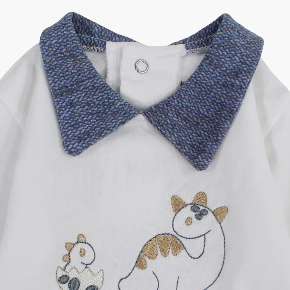 Cotton Footless Onesie – Off-White with Baby Dino Design
