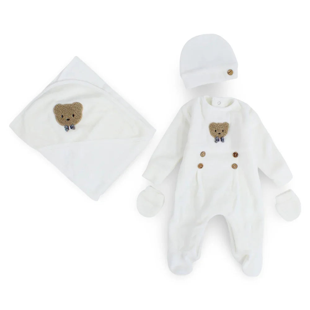 Unisex Baby Cotton Baby Foootie + Blanket & Beanie – Off-White with Bear Design