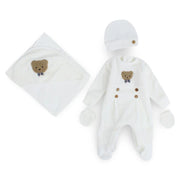 Unisex Baby Cotton Baby Foootie + Blanket & Beanie – Off-White with Bear Design