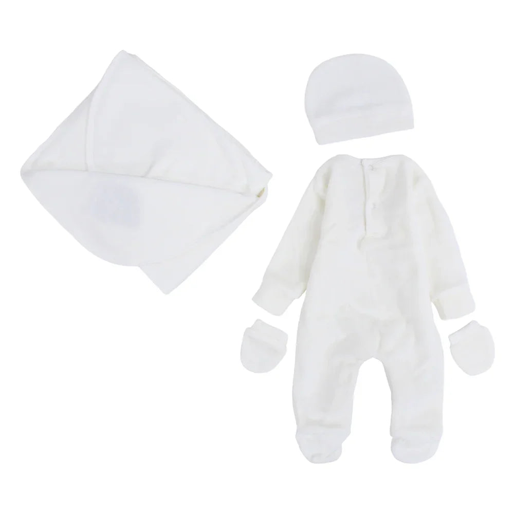 Unisex Baby Cotton Baby Foootie + Blanket & Beanie – Off-White with Bear Design