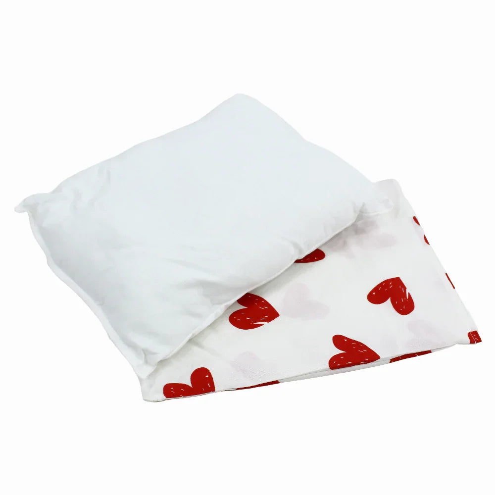 Baby Pillow with Pillowcase – Off White with Red Hearts Design