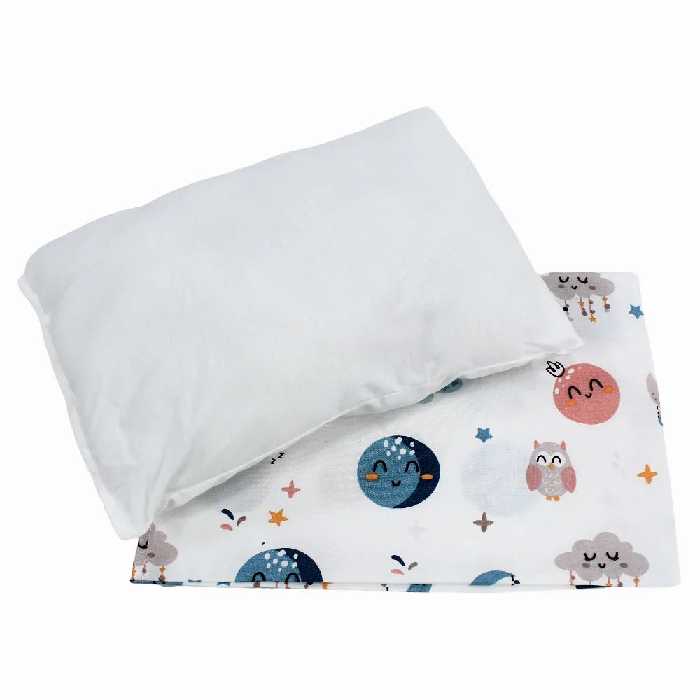 Baby Pillow with Pillowcase – Off White with Owl, Moon & Clouds Design