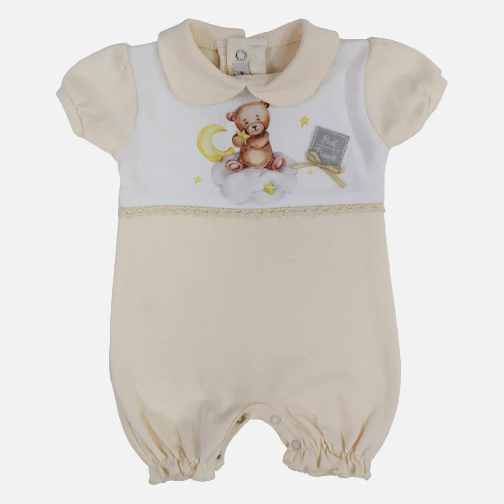 Baby Girls Cotton Romper – Yellow with Best Friends Print