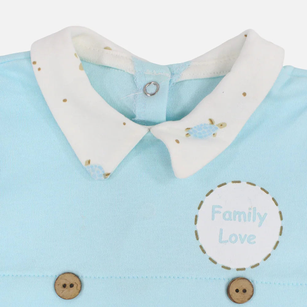 Baby Boys Cotton Romper – Aqua with Family Love Print