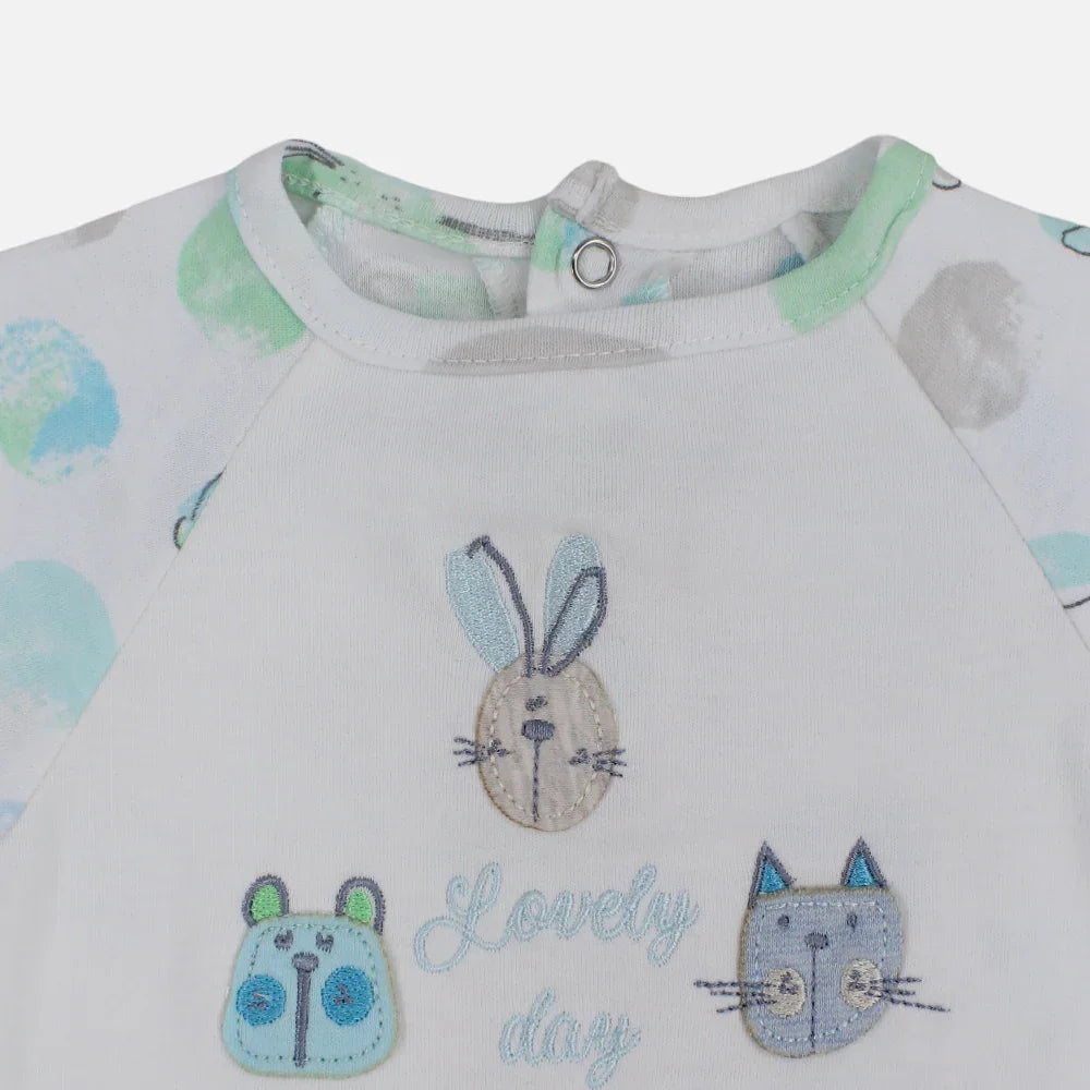 Baby Boys Cotton Romper - Off-White with Animal Print