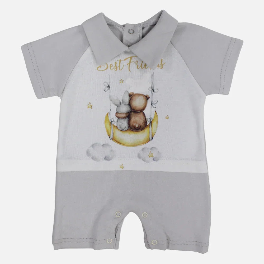 Baby Boys Cotton Romper - Grey with Best Friends Print