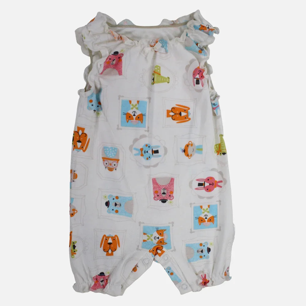 Unisex Baby Cotton Romper – Off-White with Animal Faces Print