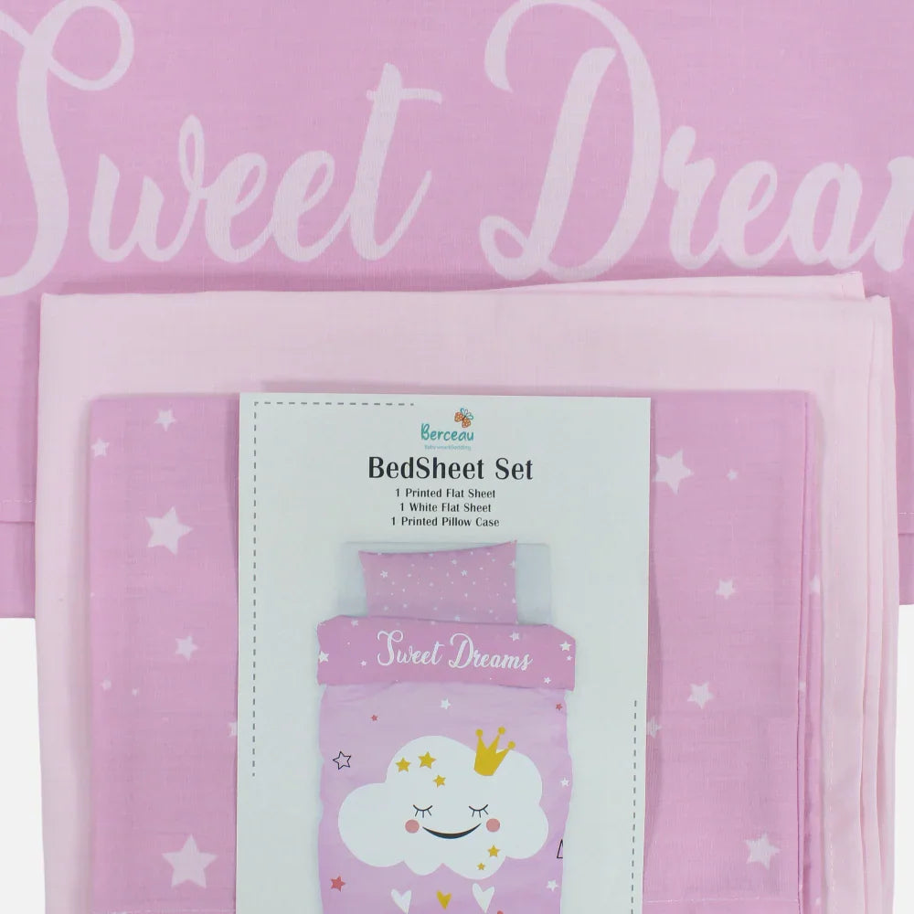 Baby Girls Bed Sheet Set – Cotton – Pink with Sweet Dreams Print