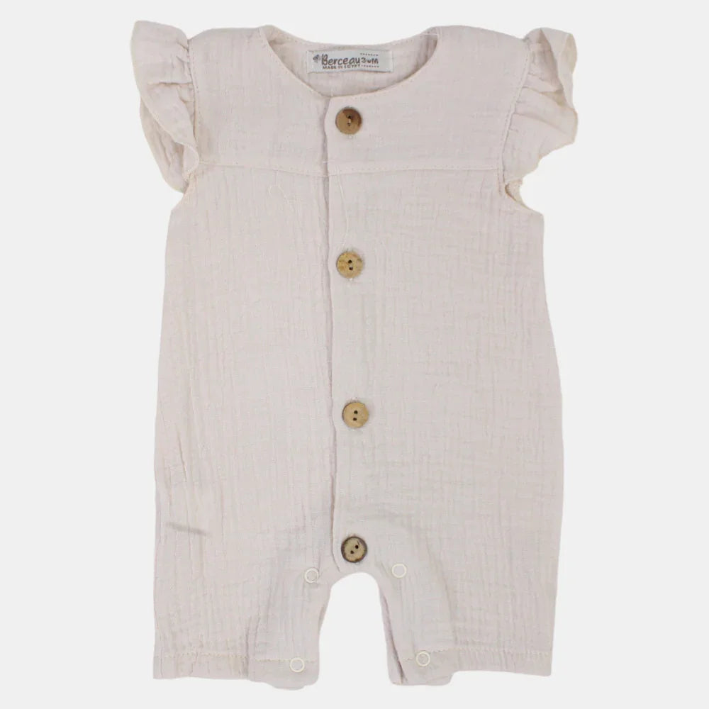 Baby Girls Cotton Romper – Wooden Button Detail