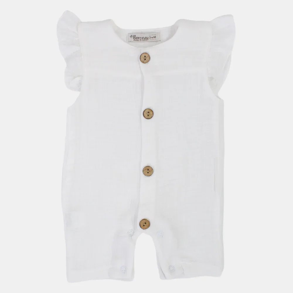 Baby Girls Cotton Romper – Wooden Button Detail