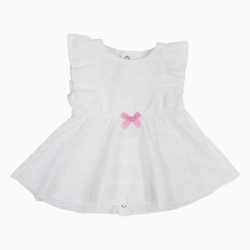 Baby Girls Cotton Dress – Off-White with Pink Bow